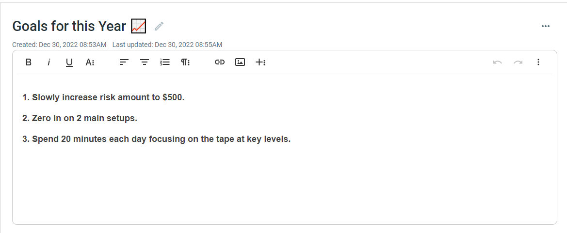 Trading Goals noted on TradeZella Notebook