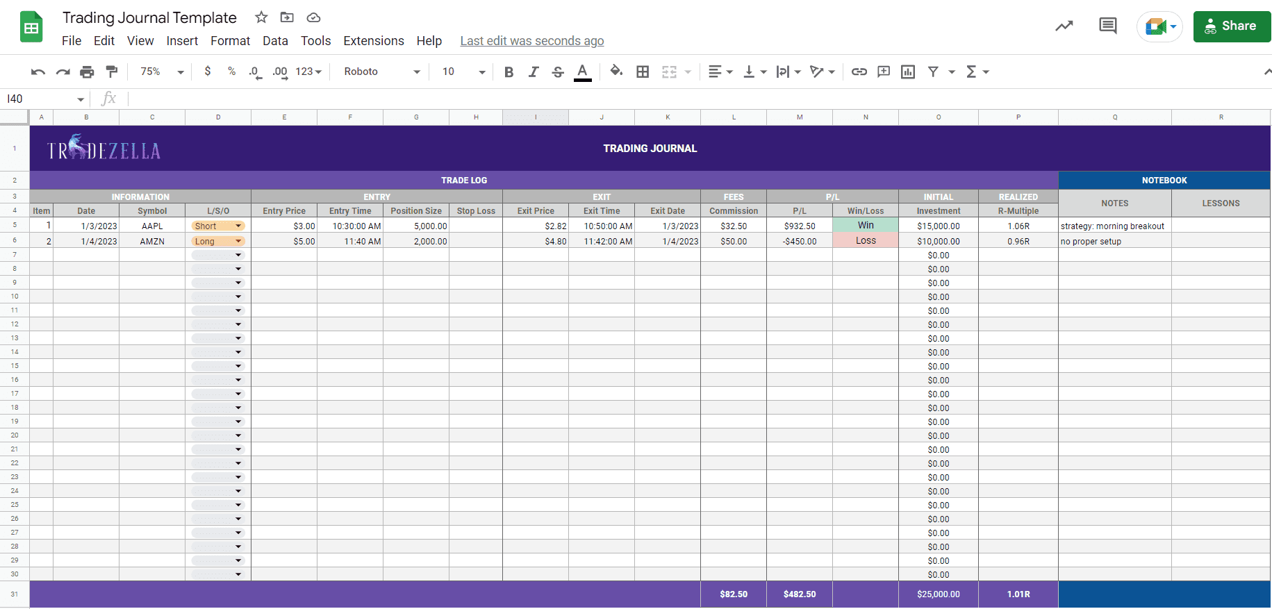 TradeZella’s how to create a trading journal in excel template